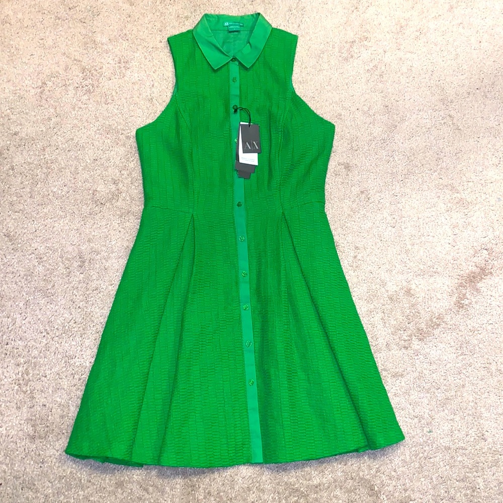 Armani Exchange Green Sleeveless Fit and Flare Shirt Dress